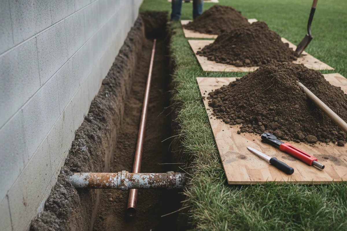 Excavated water line trench during Water Softener Installation in Hext